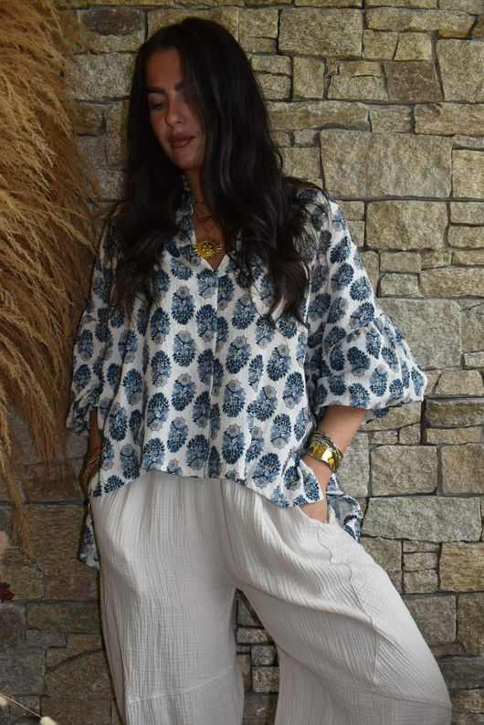 Daughter Of Ibiza Indira Balloon Sleeve Shirt French Navy & Denim 